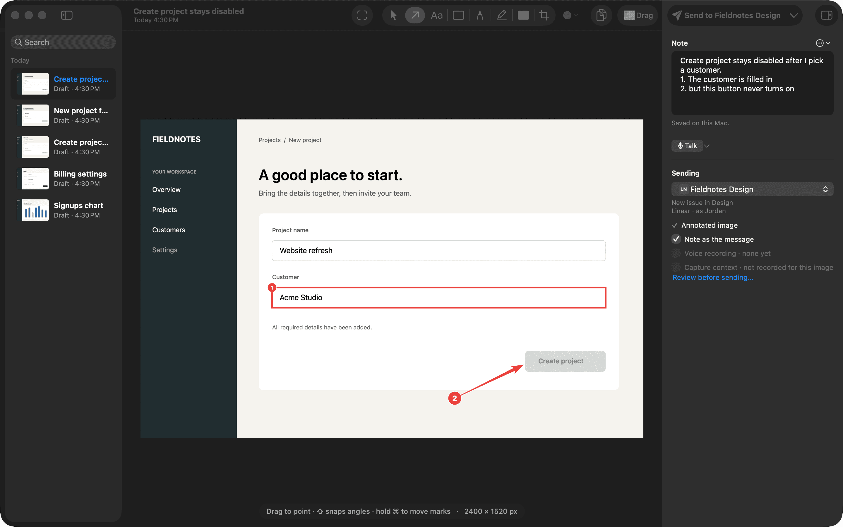 Studio: the capture history on the left, the note and the sending settings on the right