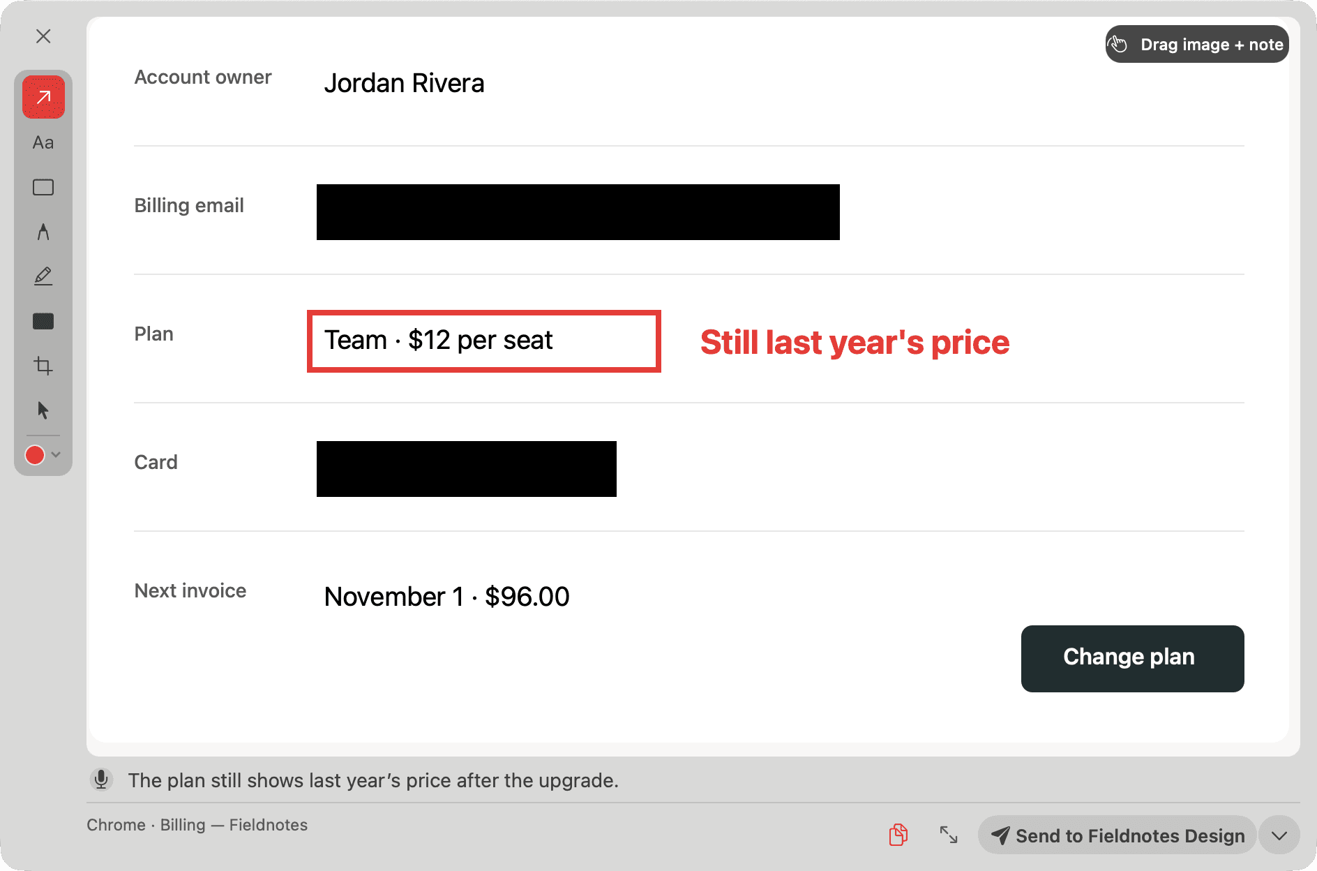 A billing page with the email and card number covered in solid black, and the caption Still last year's price